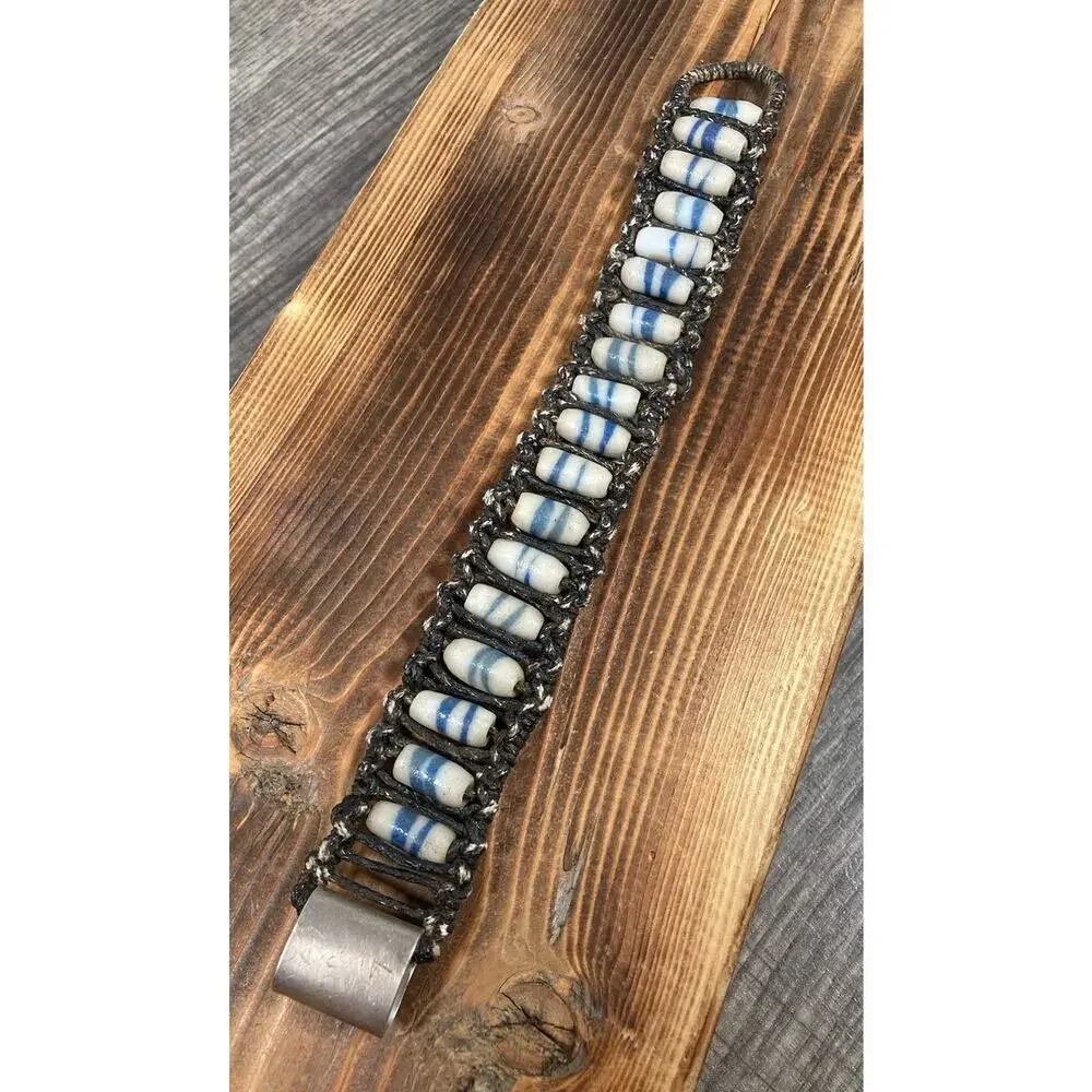 Vintage Tribal Sand Cast Beaded Ladder Woven Bracelet Silver Clasp Signed 8.25”